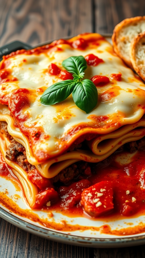 A baked lasagna with bubbling cheese, layers of pasta and meat sauce, garnished with basil, served on a wooden table with garlic bread.